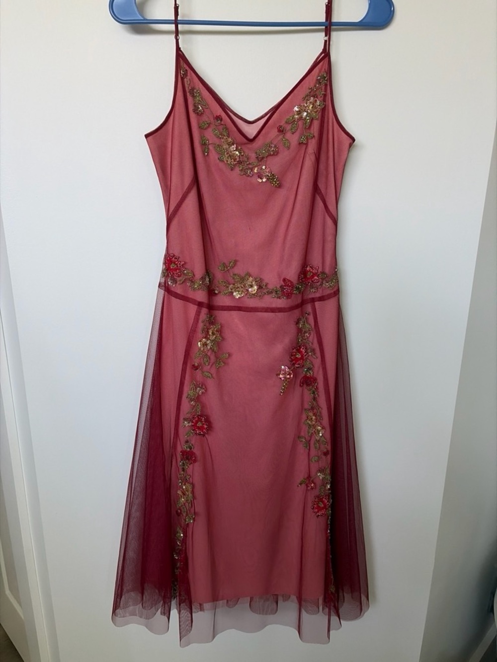 BCBGMaxAzria Red Mesh Embellished Formal Midi Dress